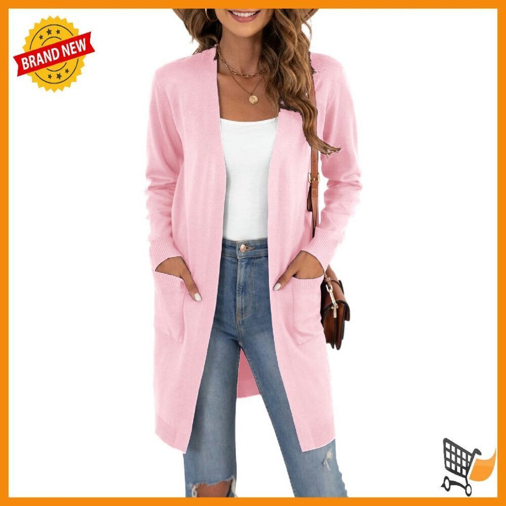 Soft Knit Cardigan Long Sleeve Open Front Midi Length Lightweight